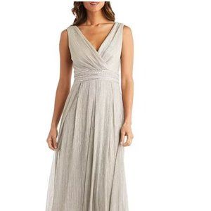Pleated Metallic V-Neck Sleeveless Floor-Length Gown